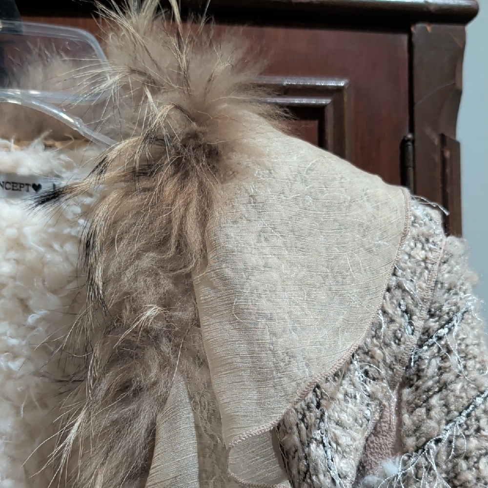 Textured Beige & Blush Ruffle Blazer with Faux Fur Trim - Picture 2 of 14